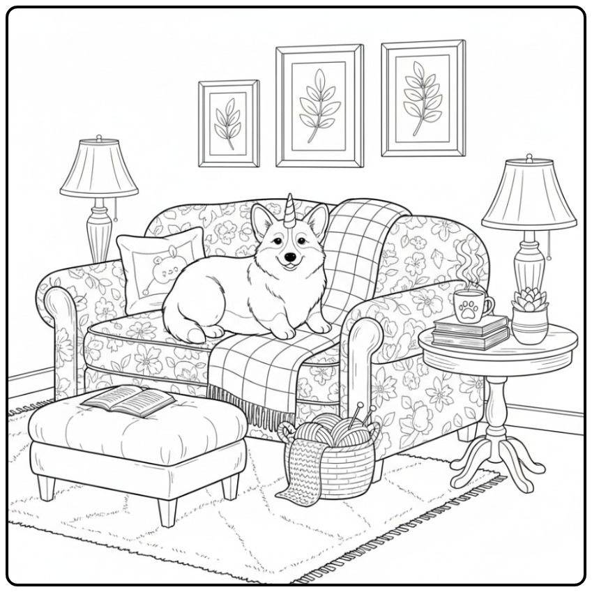 Corgi fofinho com chifre na sala, um cachorro unicórnio para colorir.