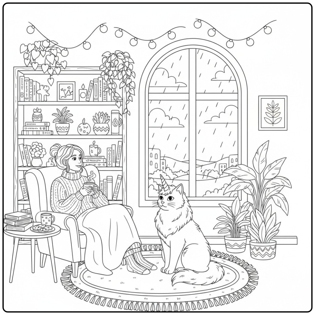 Mulher relaxa com seu gato unicórnio para colorir em casa.