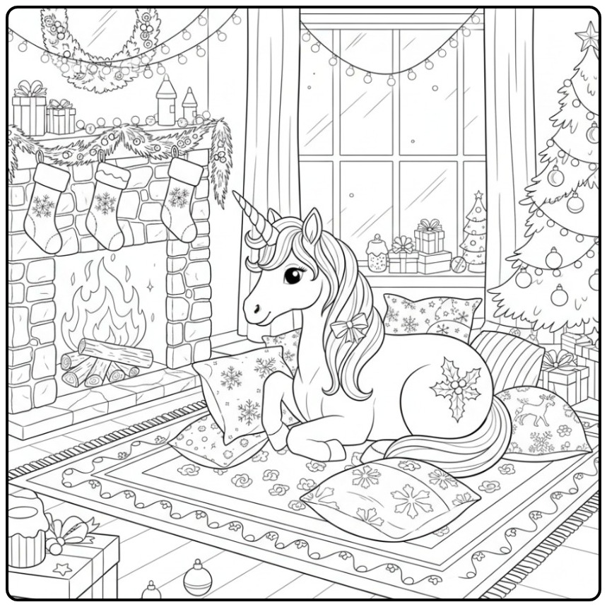 Um fofo unicornio de natal para colorir descansando na sala.