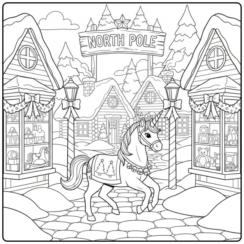 Desenho de um unicornio de natal para colorir no Polo Norte.