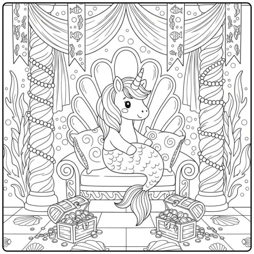 Majestoso unicórnio sereia e castelo submarino para colorir.