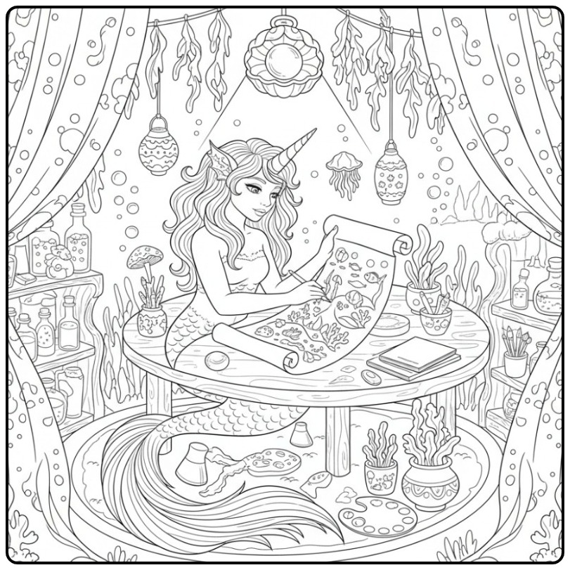 Desenho de um unicórnio sereia para colorir em seu ateliê.