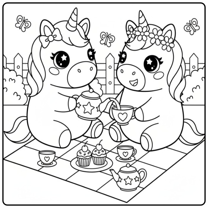 Um meigo kawaii unicórnio para colorir com seu amigo bolinho.