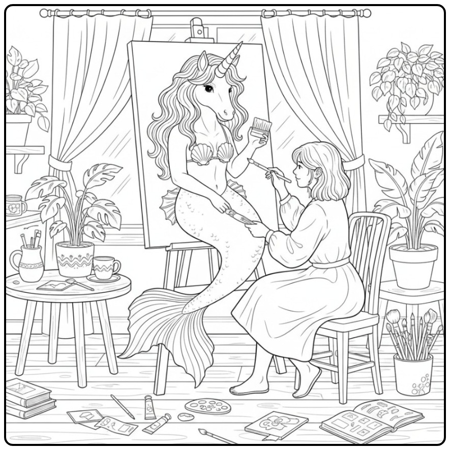 Página com artista e seu modelo unicórnio sereia para colorir.