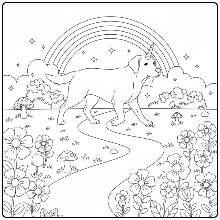 Um fofo cachorro unicórnio para colorir em um jardim mágico.