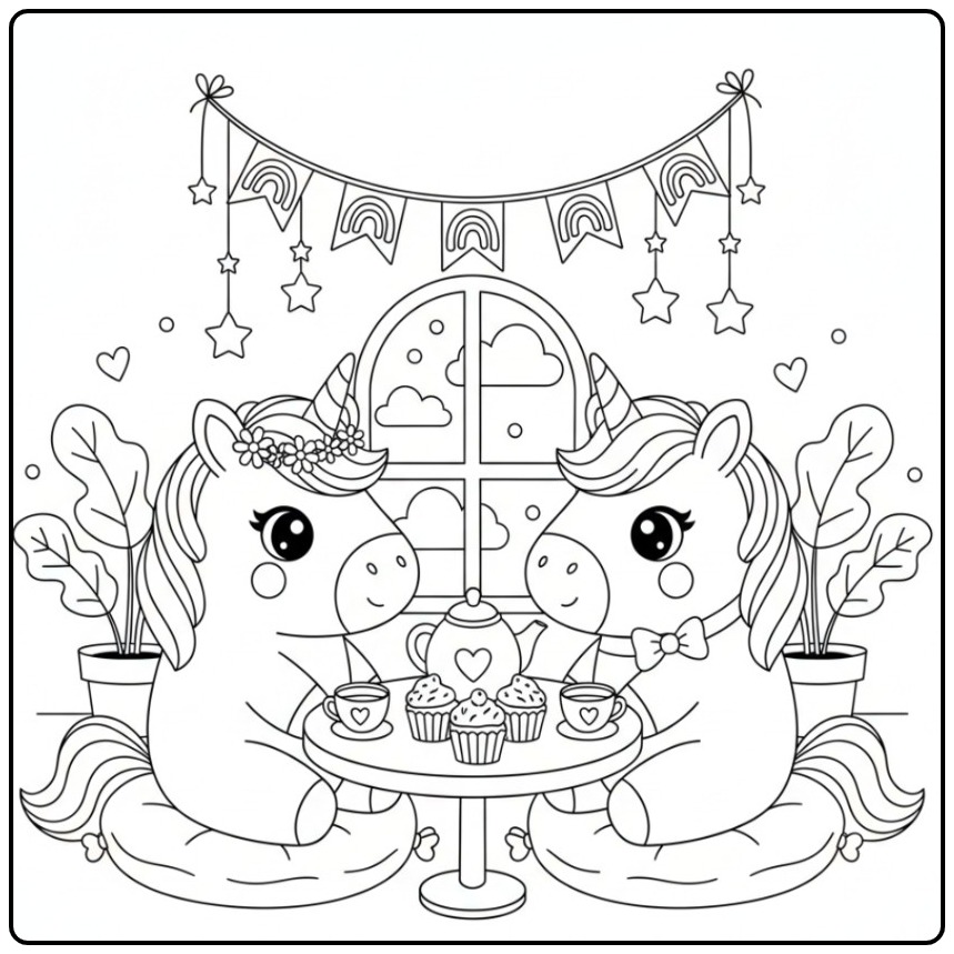 Amigos em festa para colorir de unicórnio kawaii com arco-íris.