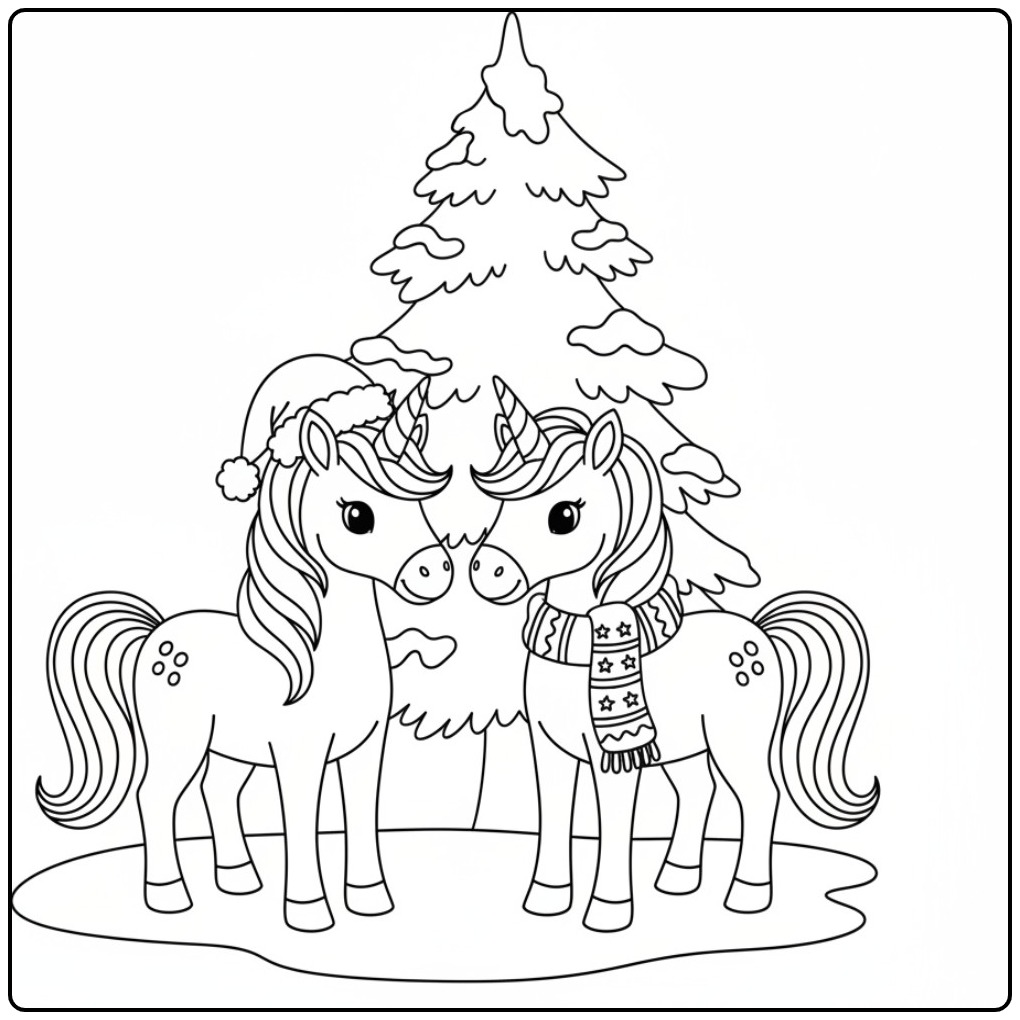 Dois amigos num desenho de unicornio de natal para colorir.