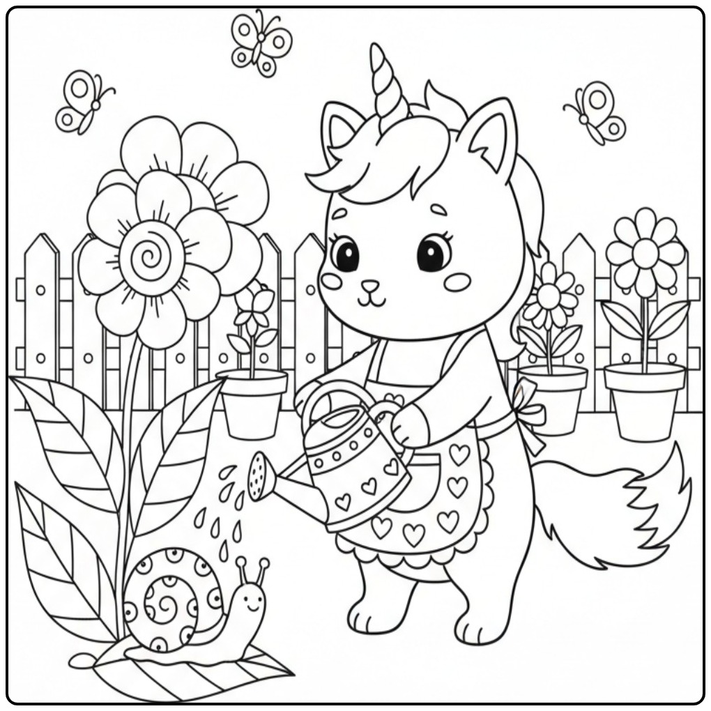 Um fofo gato unicórnio para colorir regando flores no jardim.
