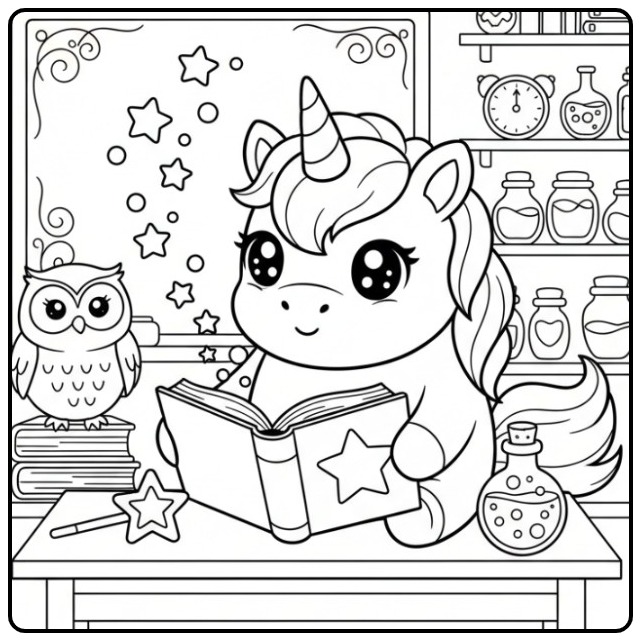 Um fofo kawaii unicórnio para colorir lendo um livro de feitiços.