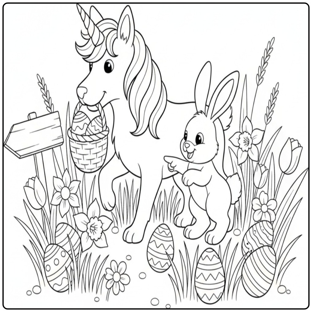 Desenho de um cachorro unicórnio para colorir com um coelho.