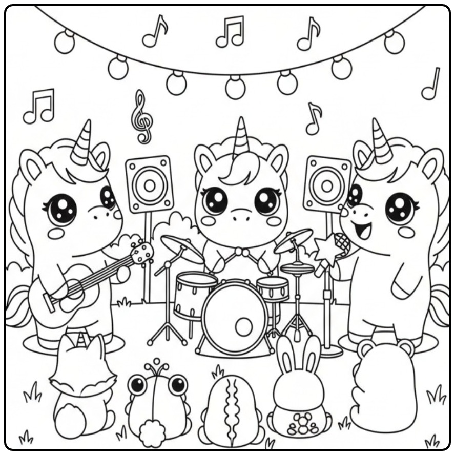 Uma estrela do rock em um desenho de kawaii unicórnio para colorir.