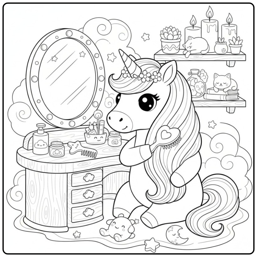 Um fofo kawaii unicórnio para colorir relaxando com pepinos.