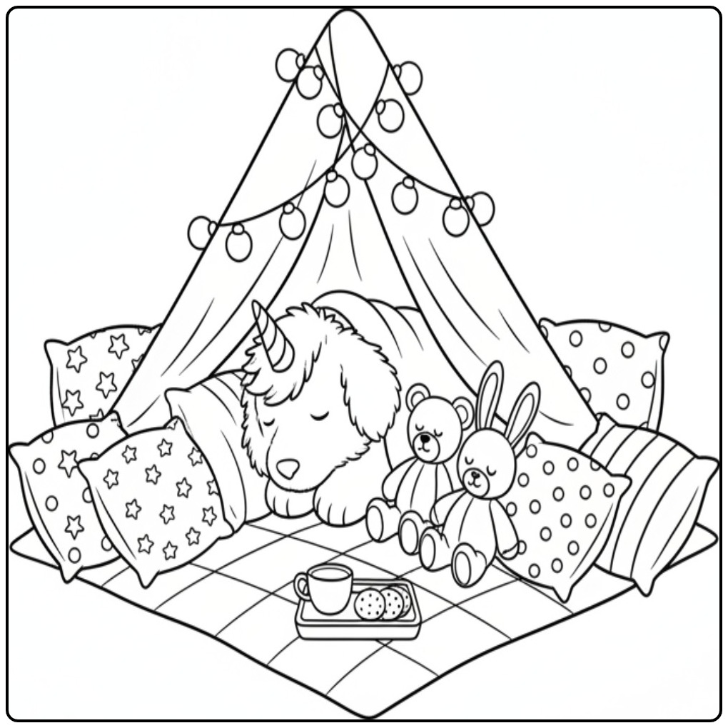 Desenho de um fofo cachorro unicórnio para colorir dormindo.