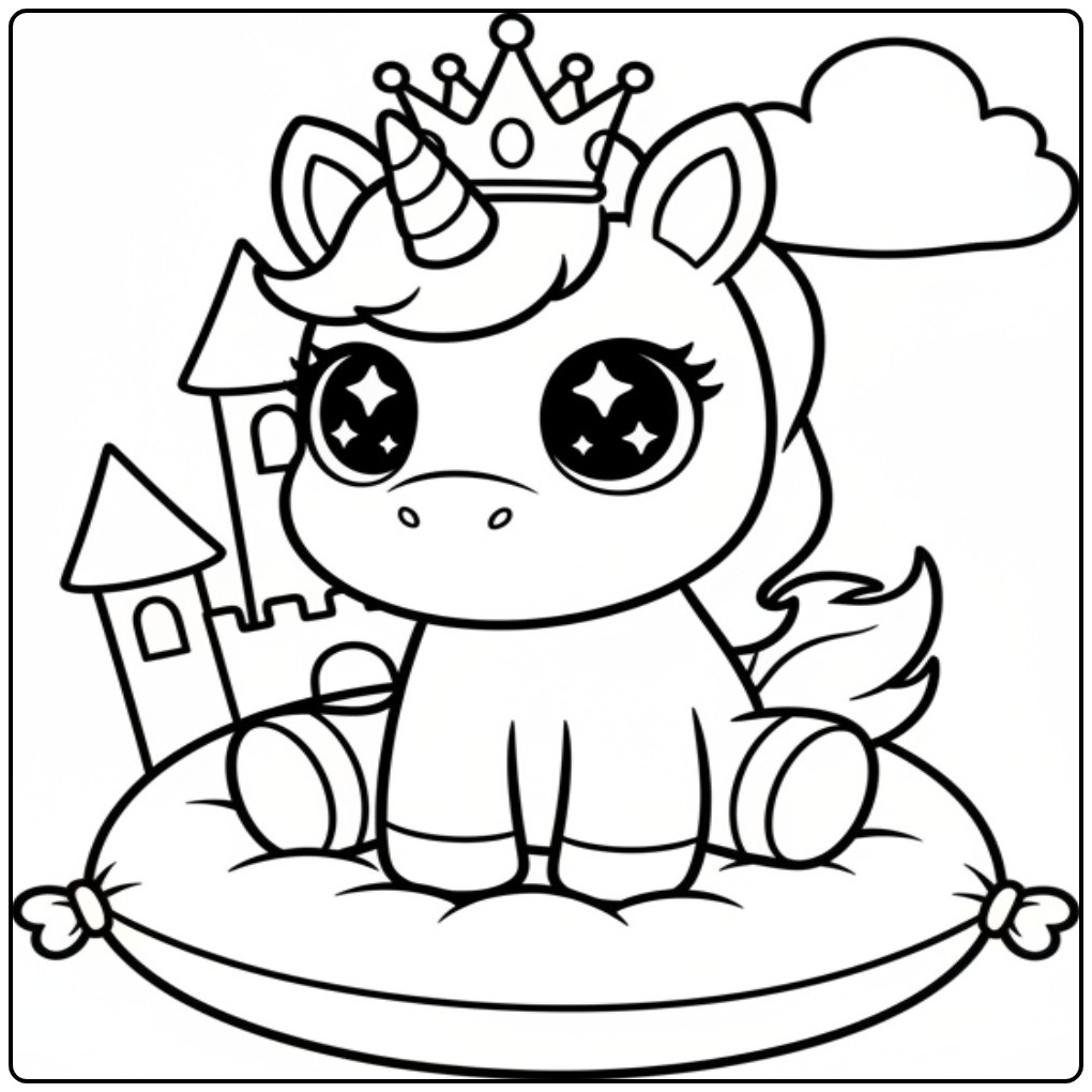 Um simpático kawaii unicórnio para colorir na frente de um castelo.