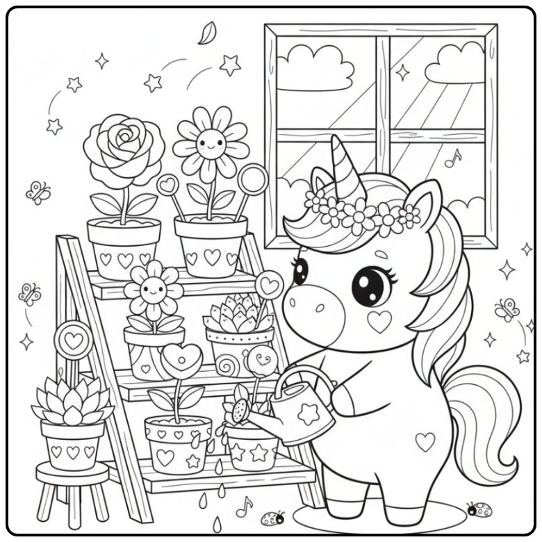 Desenho para colorir de unicórnio kawaii com flores e regador.