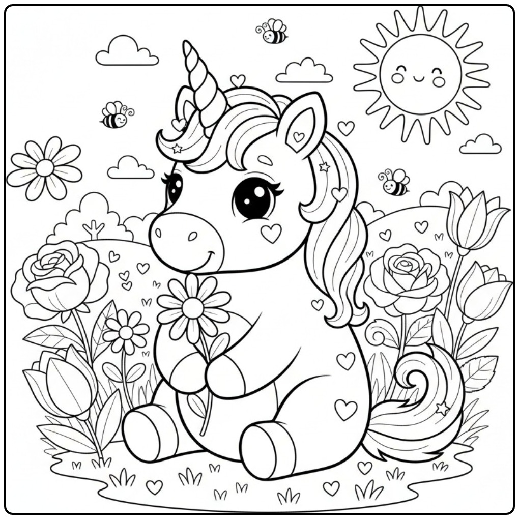 Desenho para colorir de unicórnio kawaii com flores e um sol.