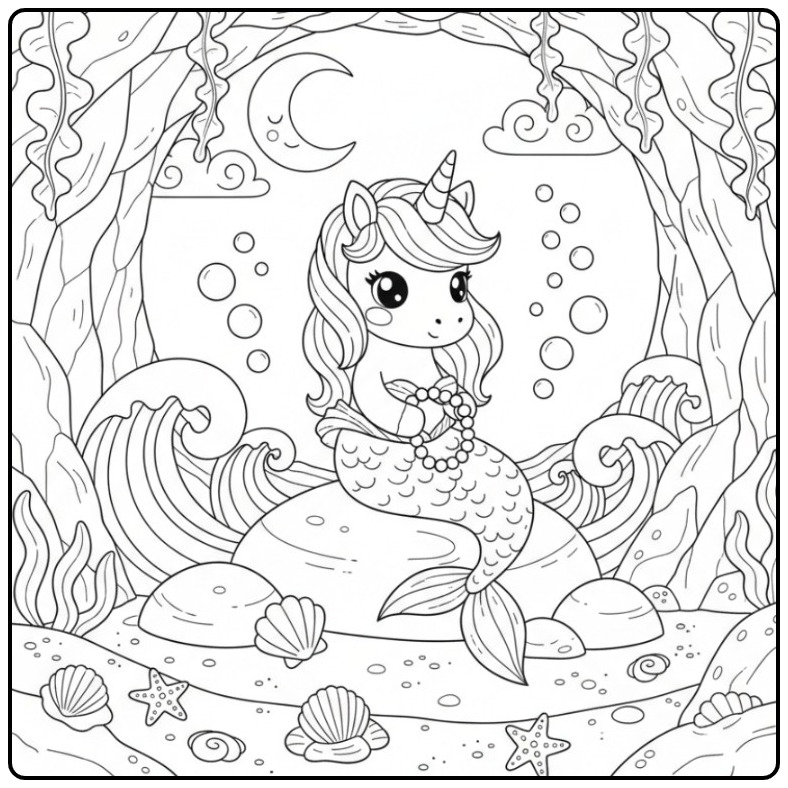 Desenho para colorir de unicórnio sereia kawaii em sua gruta.
