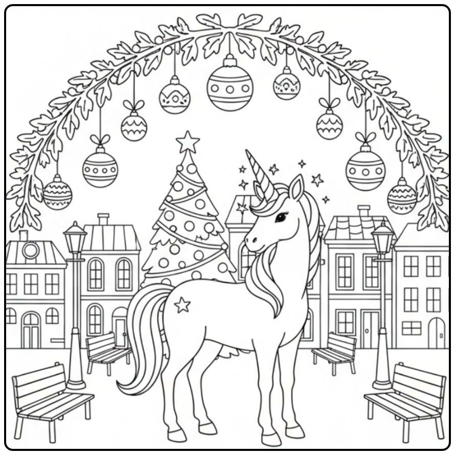 Desenho de um unicornio de natal para colorir numa cidade mágica.