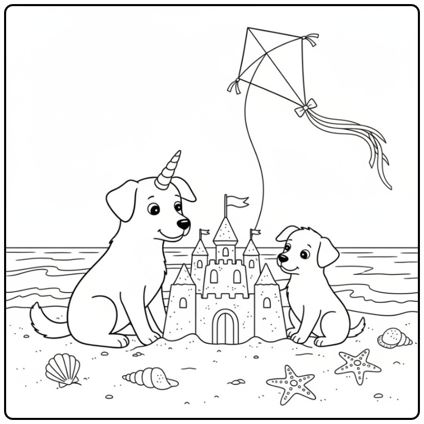Um fofo cachorro unicórnio para colorir na praia com seu amigo.