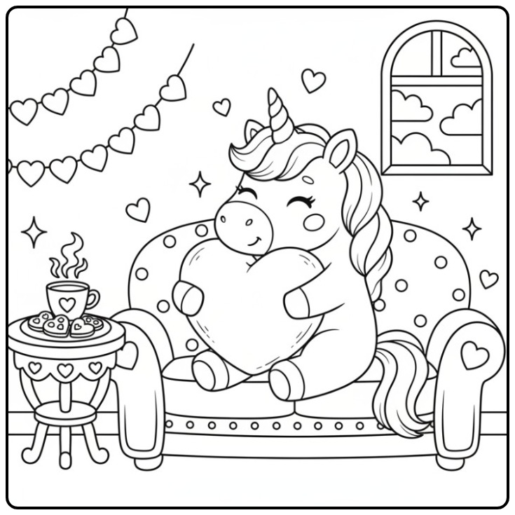 Desenho para colorir de unicórnio kawaii com corações na sala.