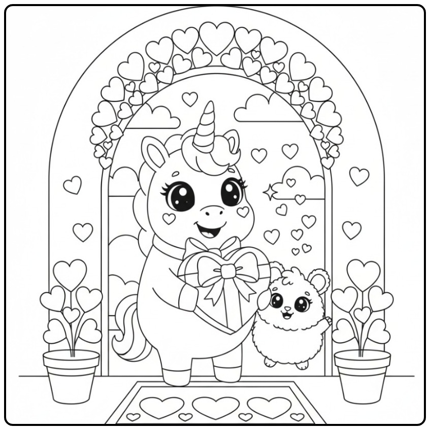 Desenho para colorir de unicórnio kawaii com corações e amigo.