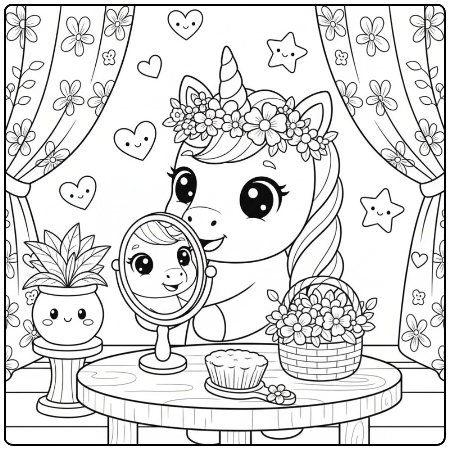 Desenho para colorir de unicórnio kawaii com flores e espelho.