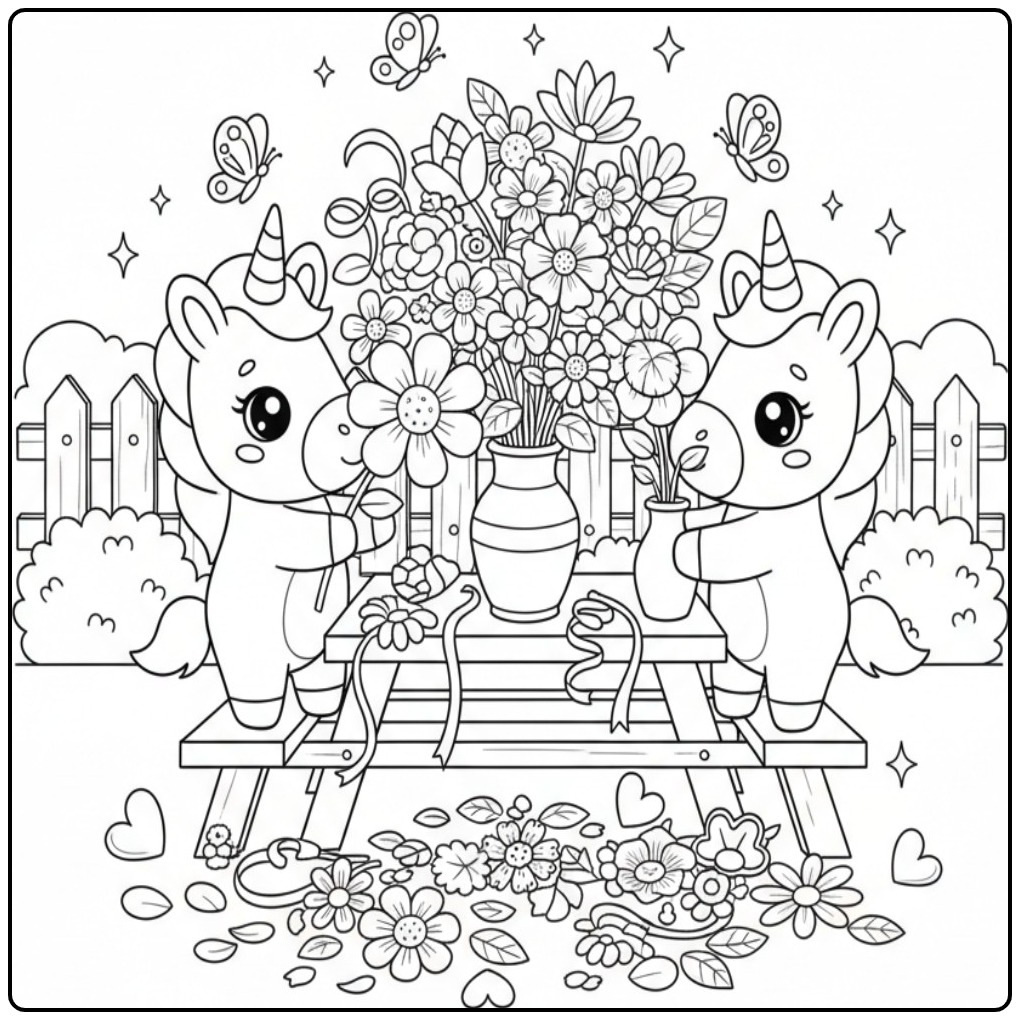 Desenho para colorir de unicórnio kawaii com flores e amigos.
