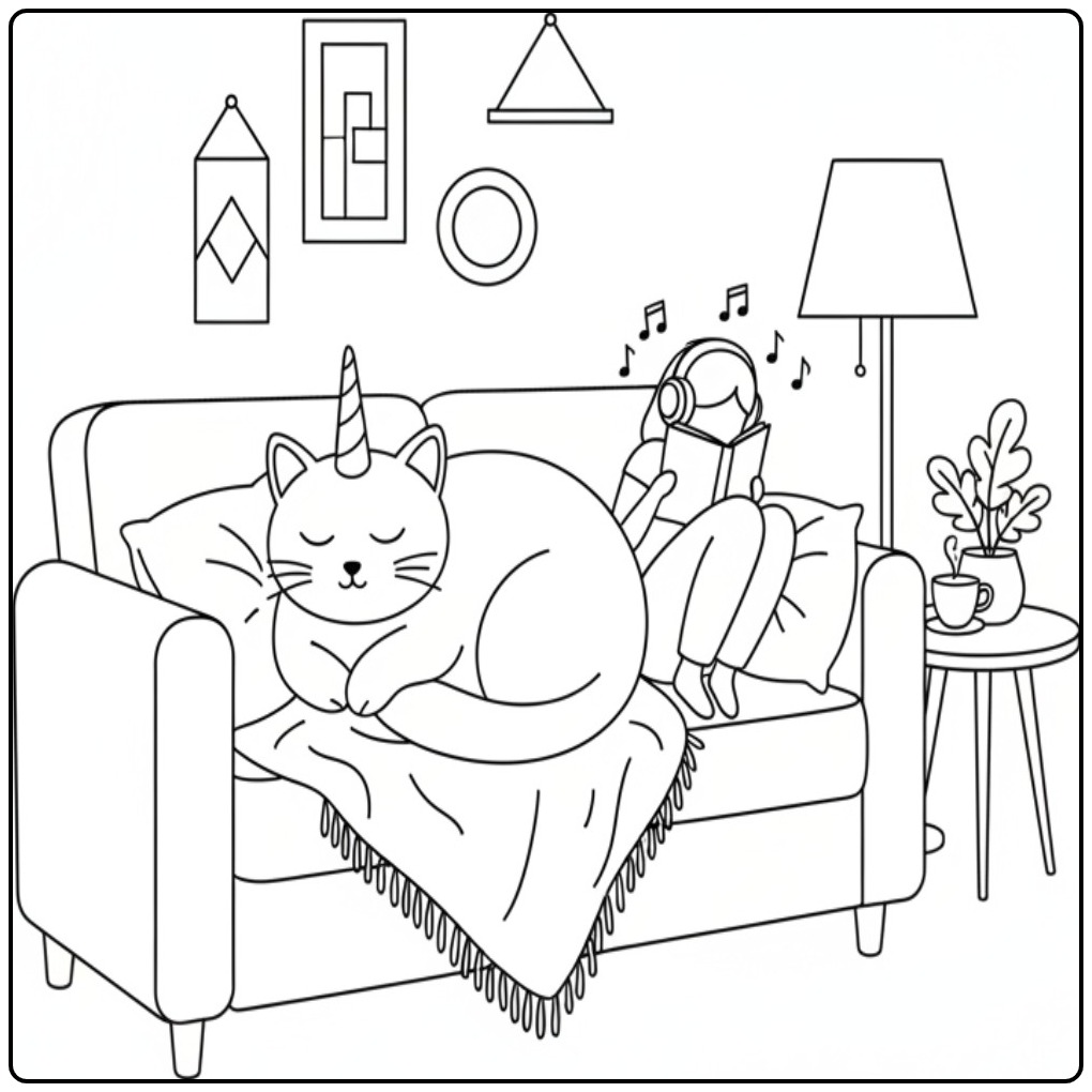 Um fofo gato unicórnio para colorir dormindo no sofá.