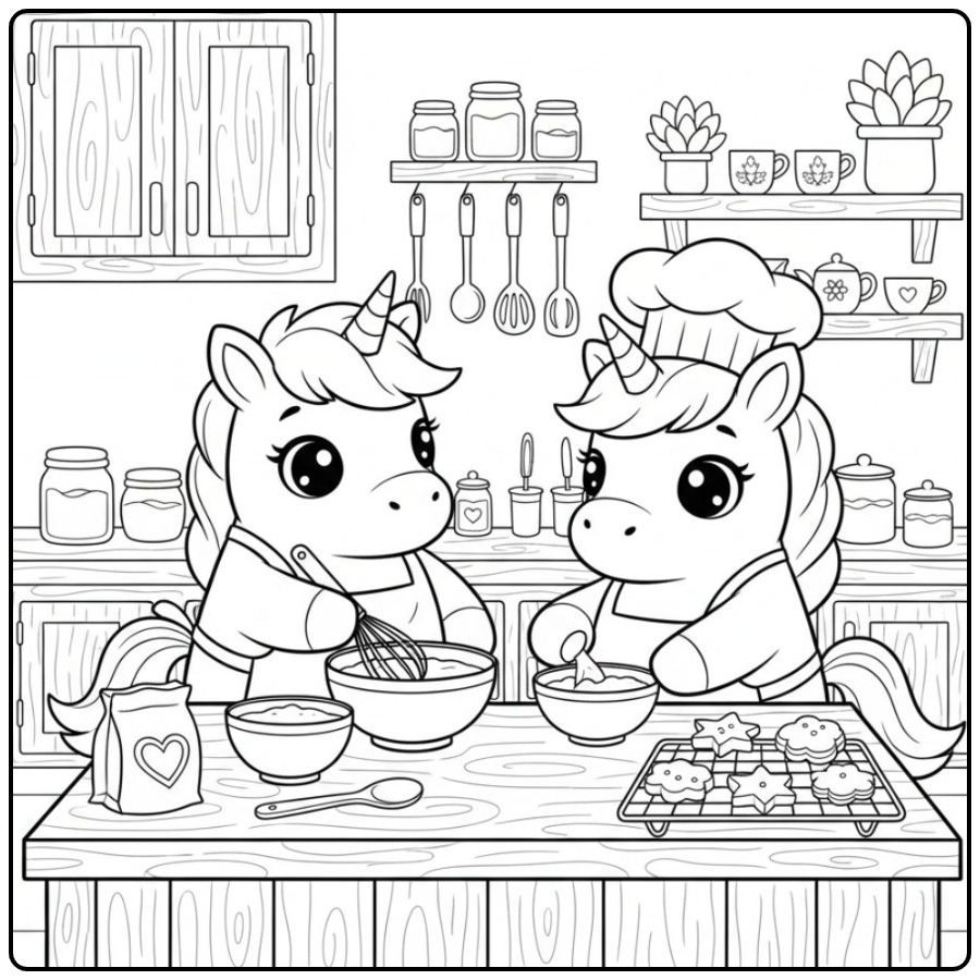 Desenho de um kawaii unicórnio para colorir fazendo um bolo.