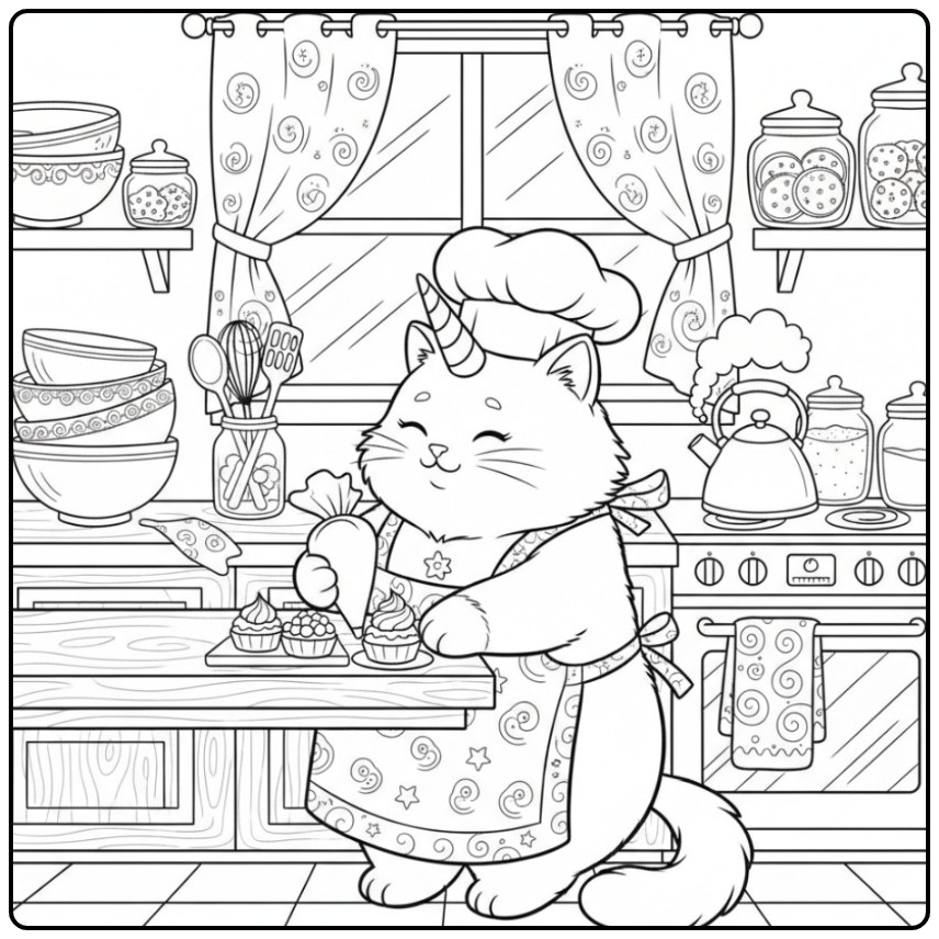 Um fofo gato unicórnio para colorir preparando sobremesas.