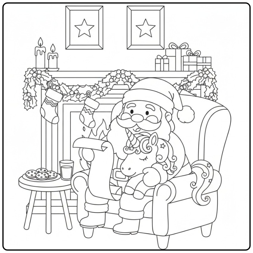 Cena para Colorir Unicórnio de Natal e Papai Noel na lareira.