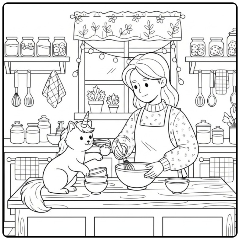 Uma menina e seu amigo mágico, um gato unicórnio para colorir.