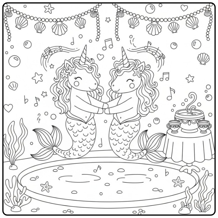 Lindo unicórnio sereia em festa de aniversário para colorir.