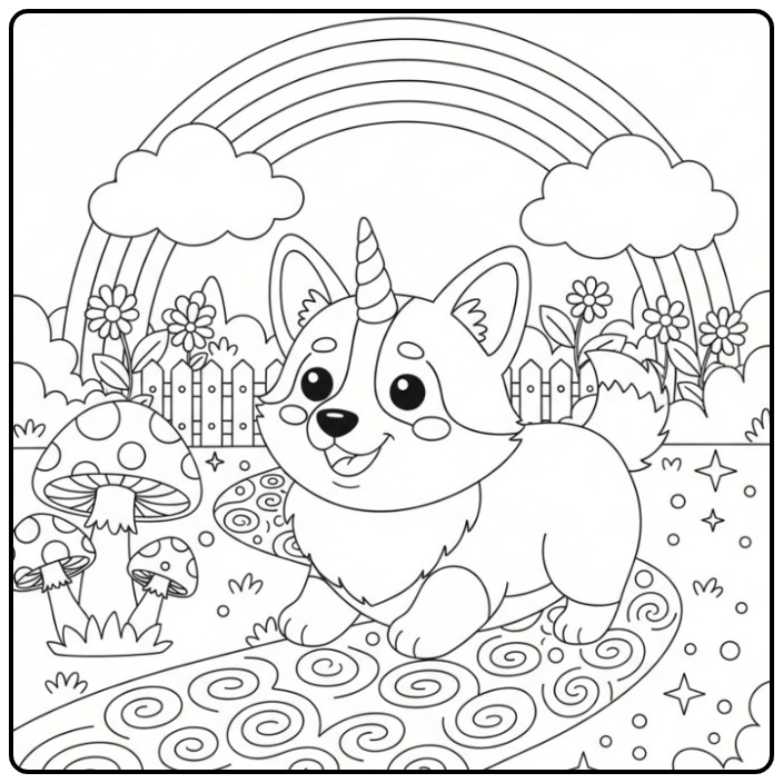 Um fofo Cachorro unicórnio para colorir com arco-íris e flores.