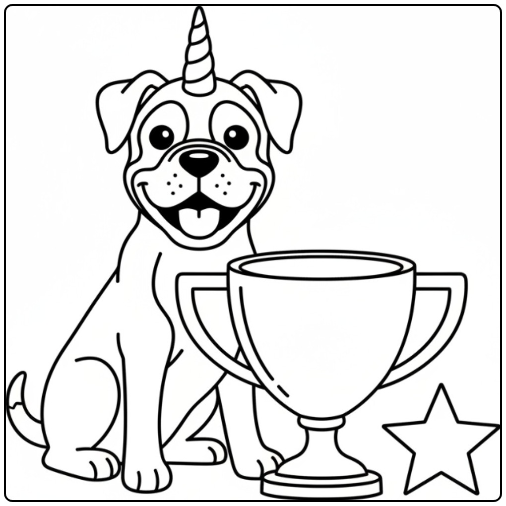 Um feliz cachorro unicórnio para colorir sentado ao lado de seu troféu.