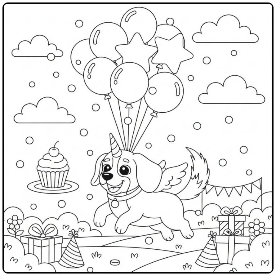 Um fofo Cachorro unicórnio para colorir de aniversário voando.