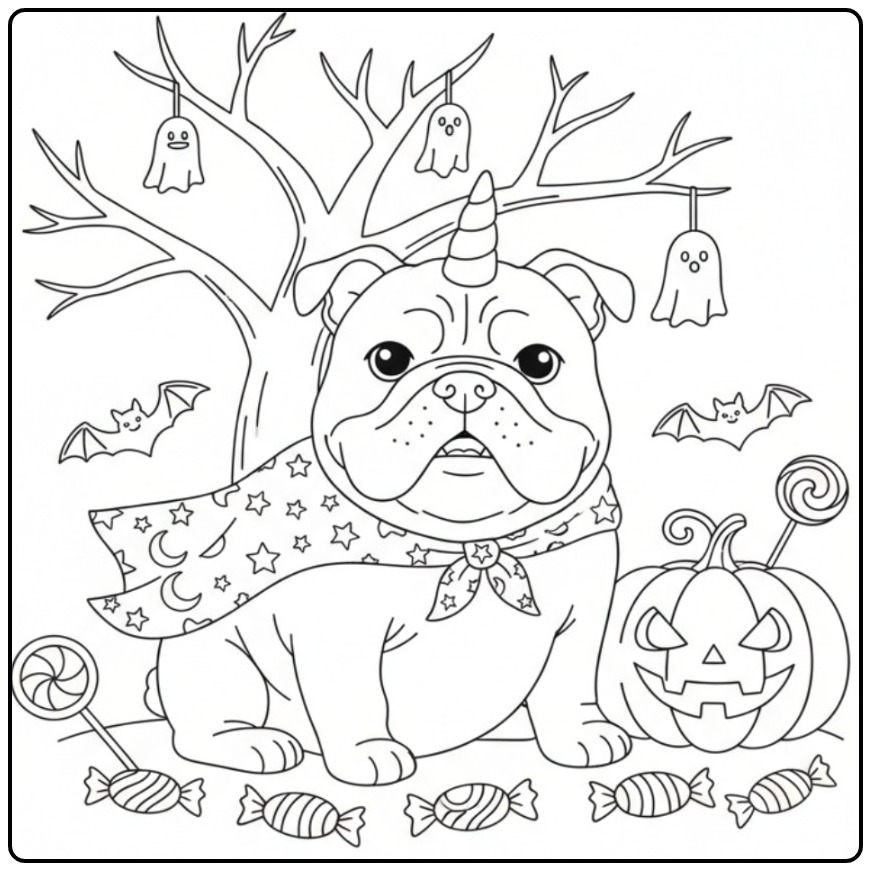 Um fofo Cachorro unicórnio para colorir de Halloween com abóbora.