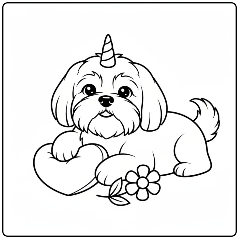 Um fofo cachorro unicórnio para colorir com um coração e flor.