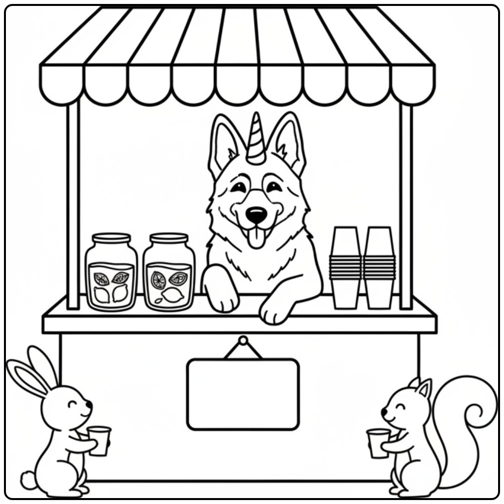 Um simpático cachorro unicórnio para colorir em sua barraca.