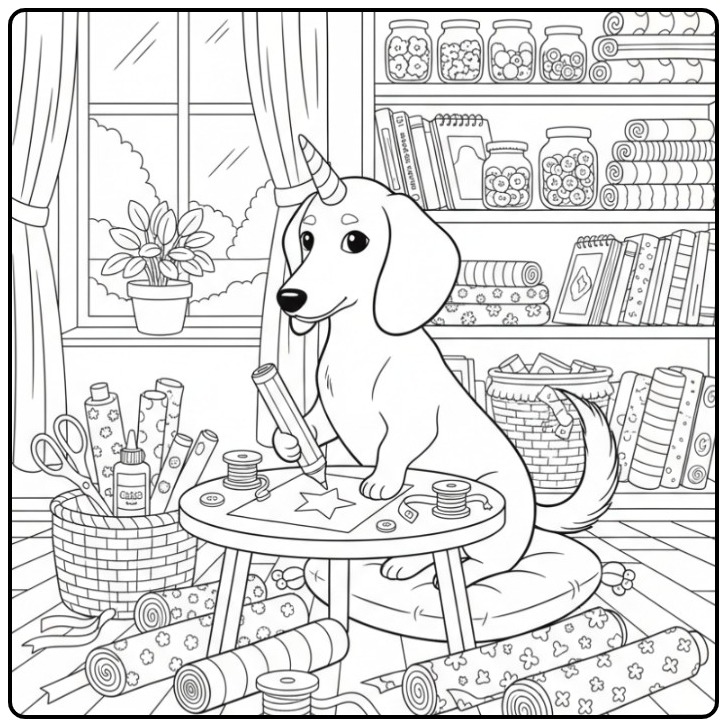 Um fofo cachorro unicórnio para colorir desenhando uma estrela.