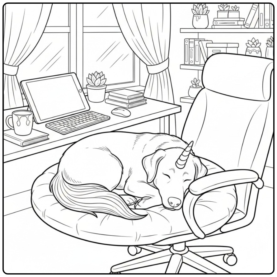 Um fofo cachorro unicórnio para colorir dormindo na cadeira.