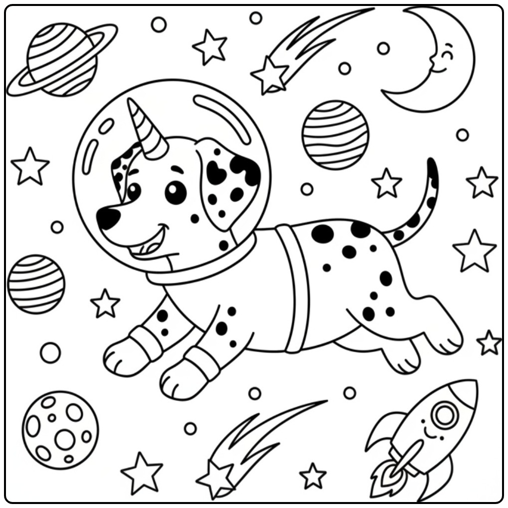 Um fofo cachorro unicórnio para colorir em uma aventura espacial.