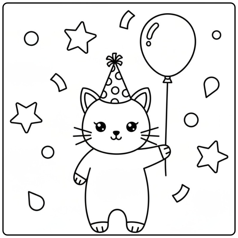 Um simpático gato unicórnio para colorir numa festa com balão.