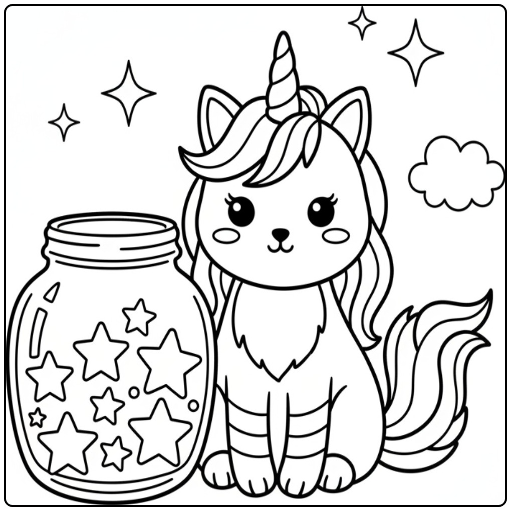 Um fofo gato unicórnio para colorir ao lado de um pote mágico.