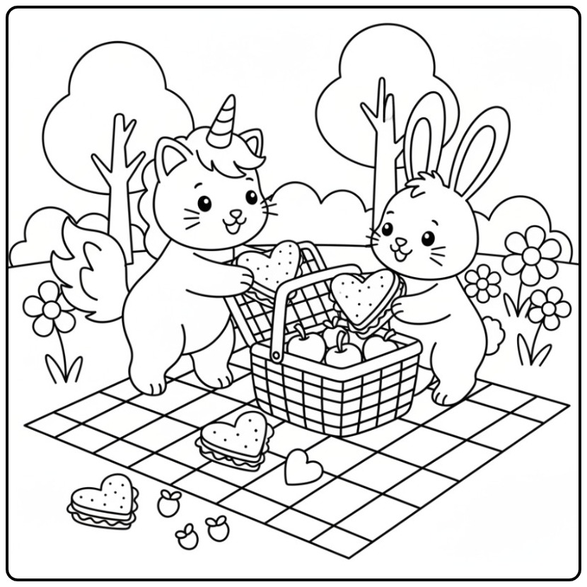 Um adorável gato unicórnio para colorir em um piquenique com um coelho.