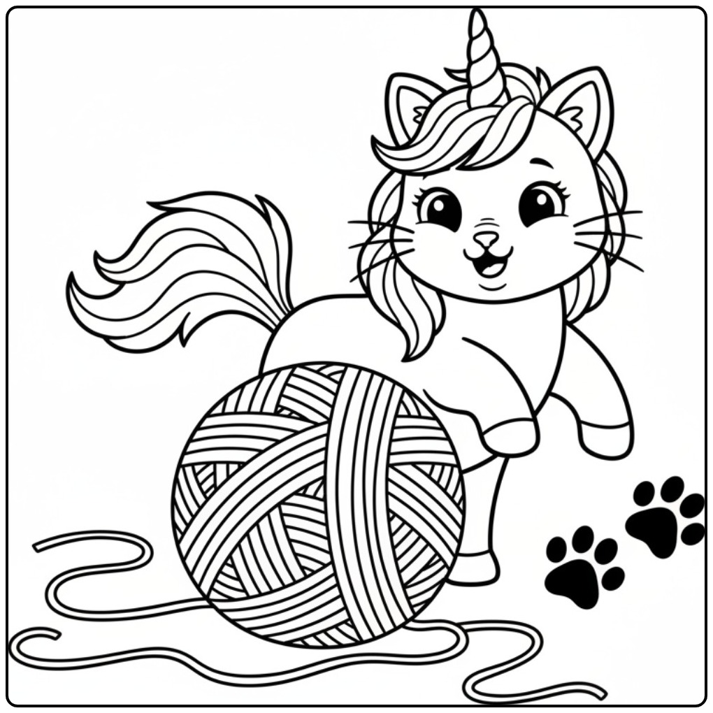 Um fofo gato unicórnio para colorir ao lado de um novelo de lã.