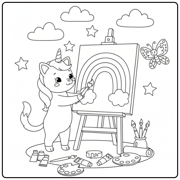Um fofo gato unicórnio para colorir pintando um arco íris.