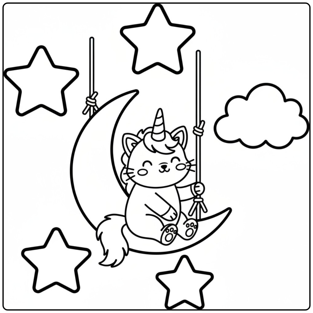 Um fofo gato unicórnio para colorir em um balanço de lua.