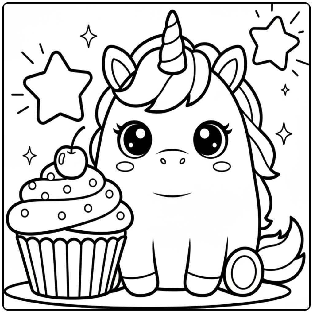 Um fofo kawaii unicórnio para colorir com um cupcake gigante.
