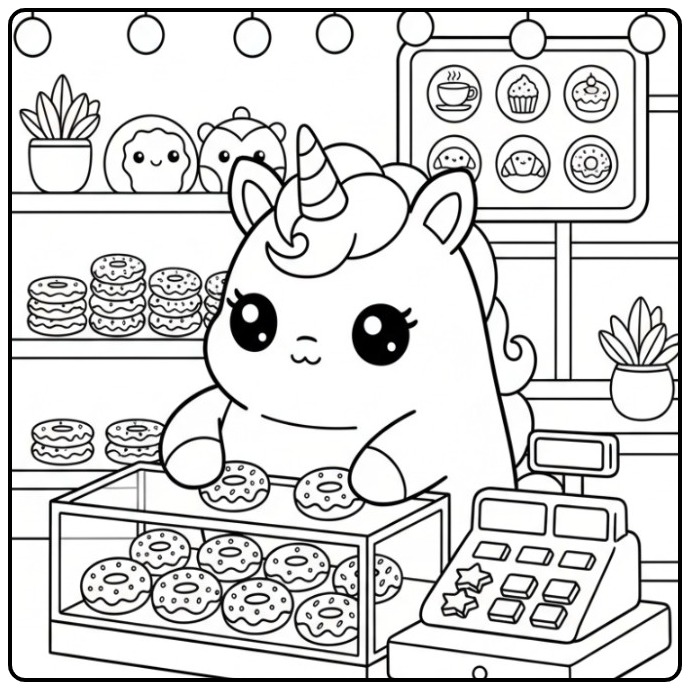 Lindo kawaii unicórnio para colorir dentro de uma loja de donuts.
